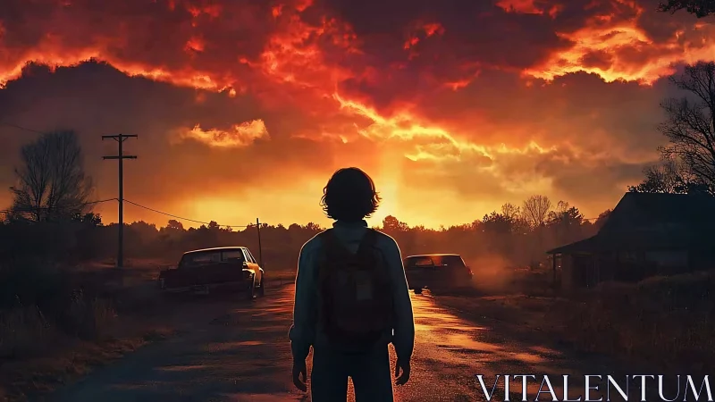 Backlit child on deserted rural road under burning storm sky