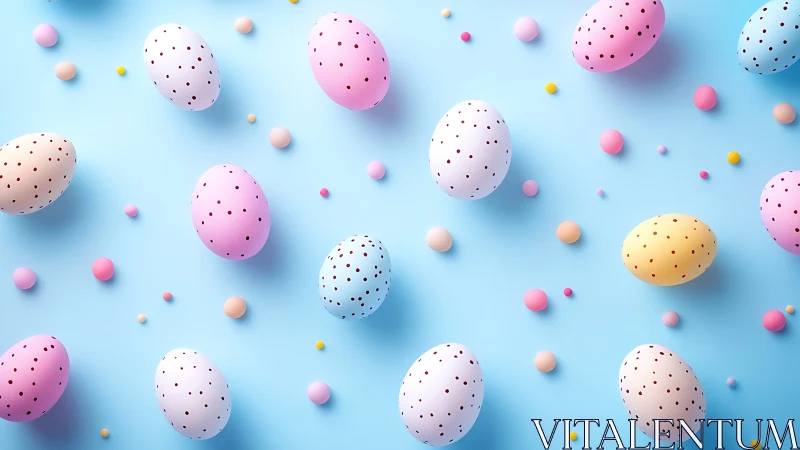 Pastel speckled eggs scatter over bright blue background.