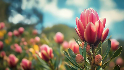 Pink Protea Flower in Full Bloom with Detailed Buds Surrounding It