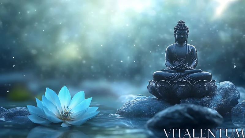 Soft dawn meditation beside a luminous blue lotus bloom.
