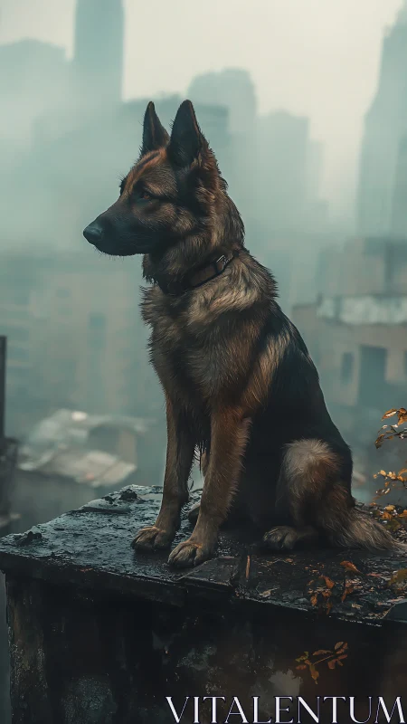 German shepherd portrait against foggy urban skyline
