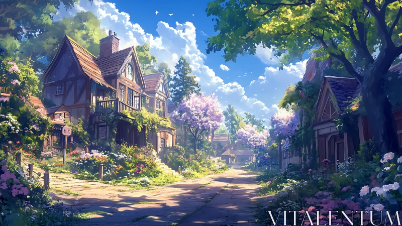 Sunlit cottage lane hums softly beneath drifting blossoms