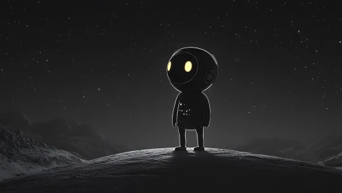 Stargazing robot silhouette under a vast lunar night sky.