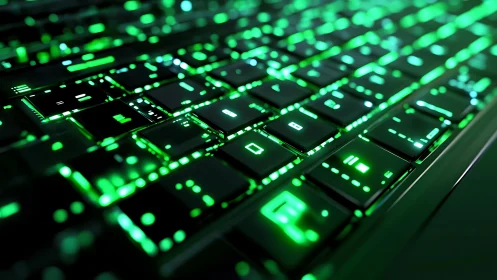 Glowing green backlit keyboard in close digital focus.