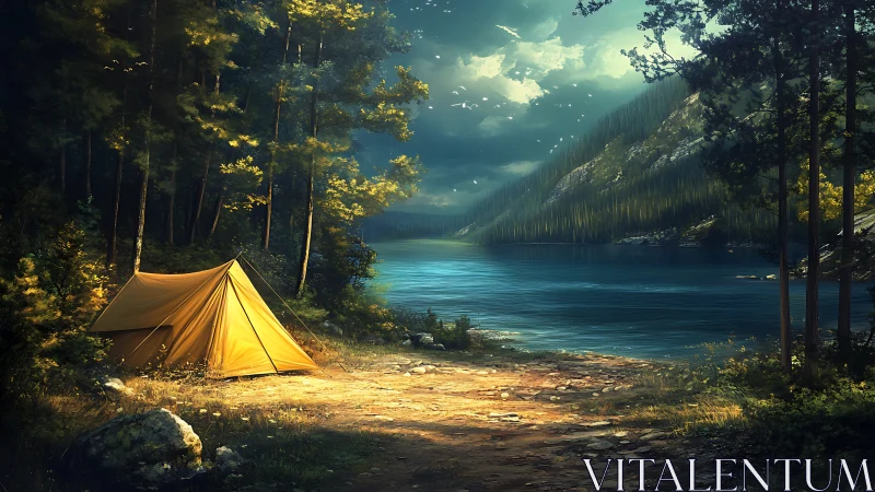 Golden tent glows beside tranquil alpine lake at dusk.