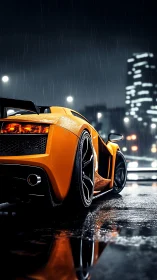 Orange sports car on wet city street in night rainfall.