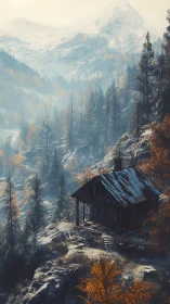 Mountain cabin stands on rocky slope beneath snow-covered peaks