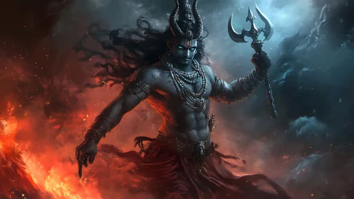 Storm god strides through fire and ice in fierce balance.