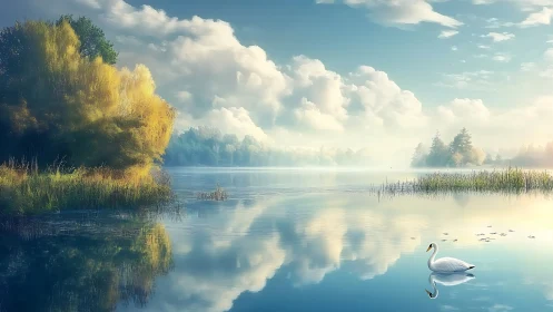 Swan drifting across misty lake under luminous morning sky.