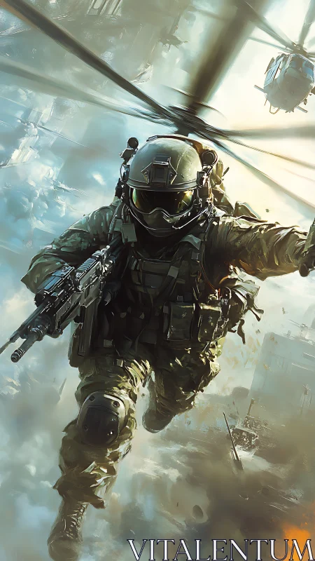 Tactical operator fast-roping from helicopter into urban combat