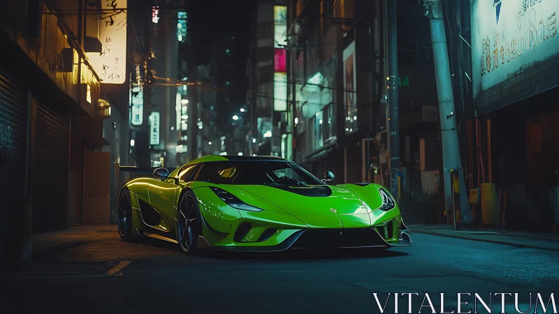 Neon green supercar glowing softly in a quiet city night.