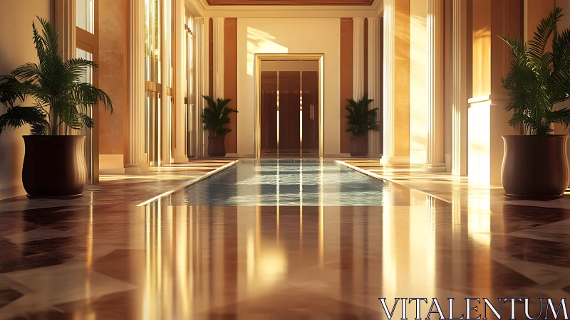 Luxury indoor pool corridor glows with golden sunset light.