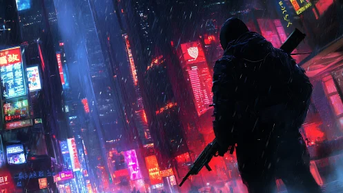 Armed silhouette surveys neon-soaked cyberpunk city street at night