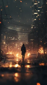 Lone hooded figure walks through burning rainy city street