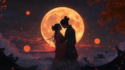 Backlit lovers framed by oversized harvest moon and lantern haze