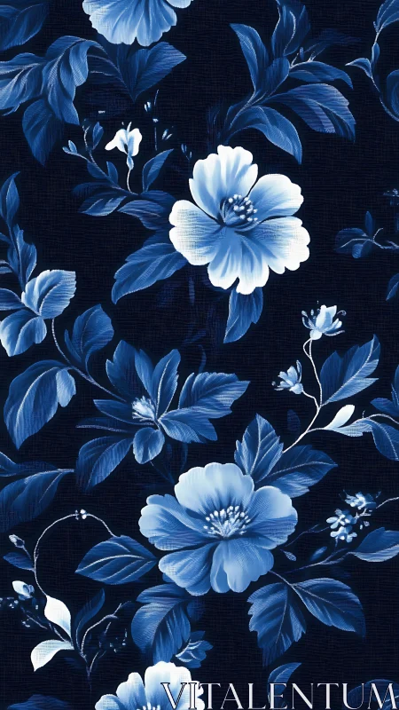 Blue and White Floral Pattern on Dark Indigo Background