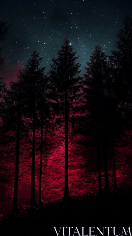 Nocturnal conifer silhouettes against neon red forest glow