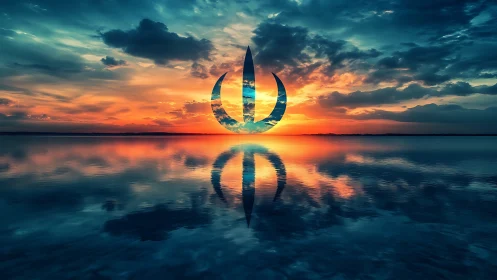 Symbolic emblem rises over a tranquil neon-toned sunset lake