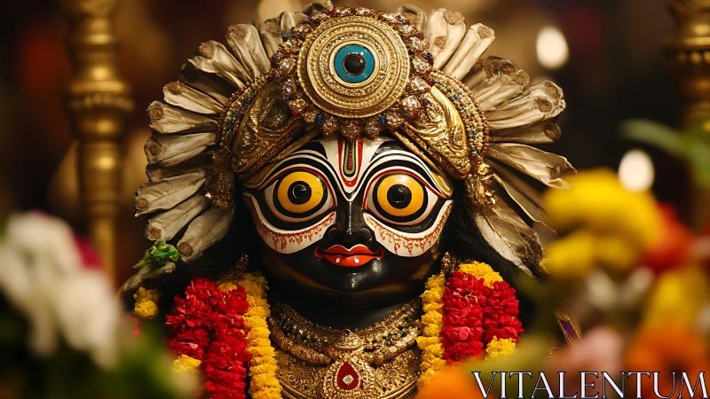 Ornate Hindu deity idol with vivid garlands and gold crown.