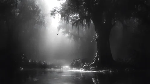 Monochrome swamp canopy scatters volumetric dawn light