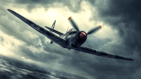 Storm-tossed WWII fighter executing low-level maritime sortie.