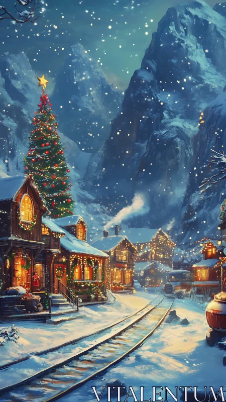 Snow-covered village street with railway and lit houses.