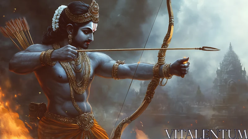 Blue-skinned divine archer draws bow against burning city