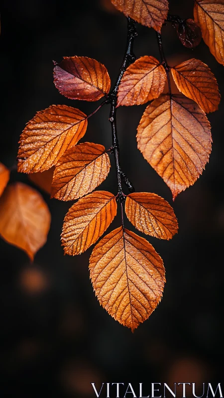 Orange-brown serrated leaves hang from a dark slender branch
