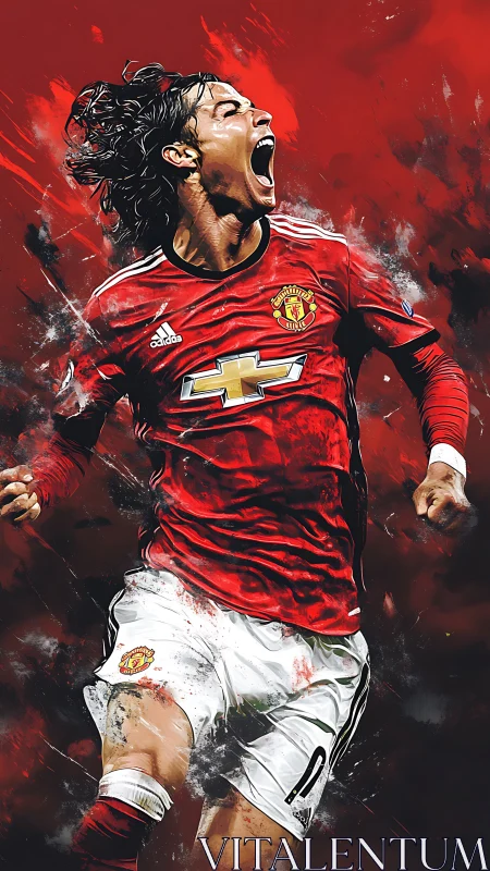 Explosive red football portrait in dynamic digital strokes.