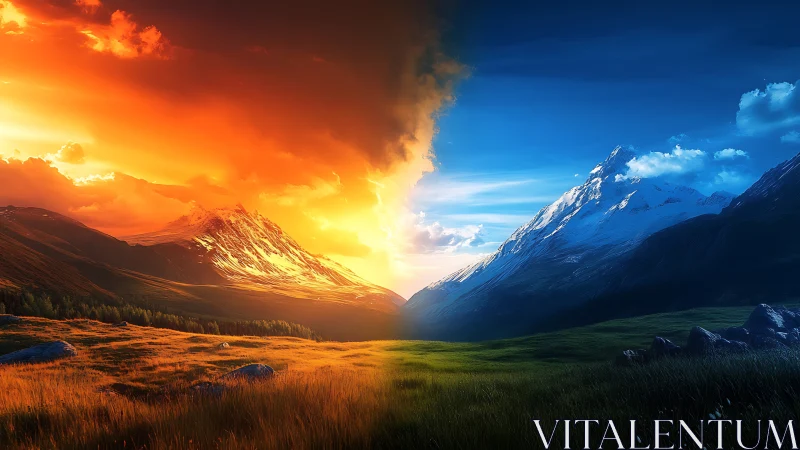 Bipolar alpine valley under split sunset and cool twilight