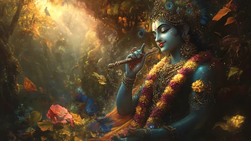 Blue-skinned deity figure with flute in dense forest grove.