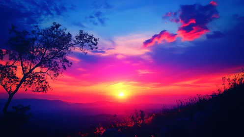 Sunset over distant hills with silhouetted tree profile.