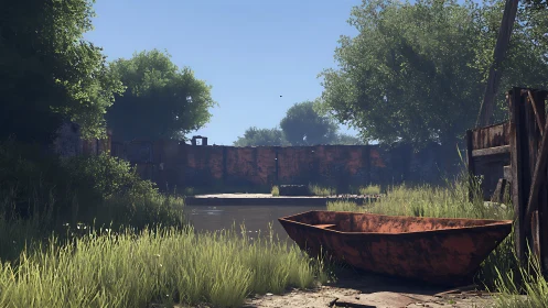 Abandoned Industrial Waterfront with Rusted Boat.