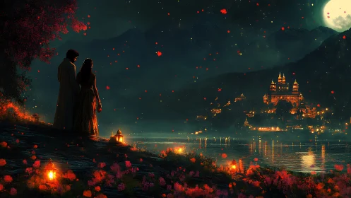 Moonlit Engagement: Couple Overlooking Illuminated Castle by Water.