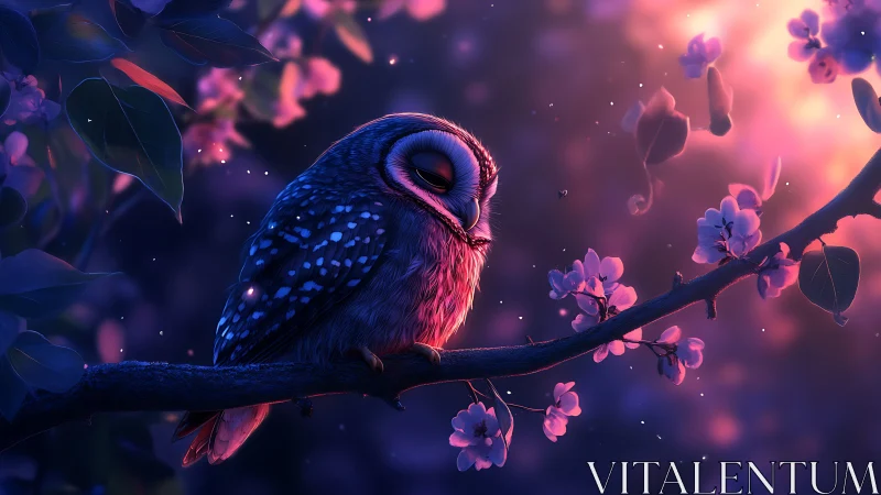 Dreamy Owl Resting on Blossoming Branch in Magical Twilight.