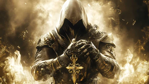 Hooded paladin in gilded armor grips radiant cross pendant