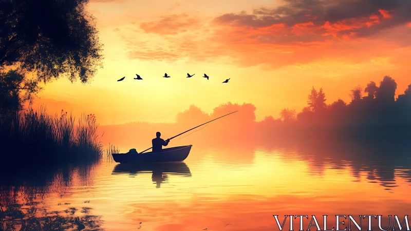 Quiet lake fisherman resting beneath a glowing sunset sky.