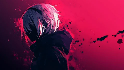 Shadowed anime figure glows against vivid pink splashes