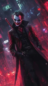 Neon grins and wicked rain in a crimson city delirium.