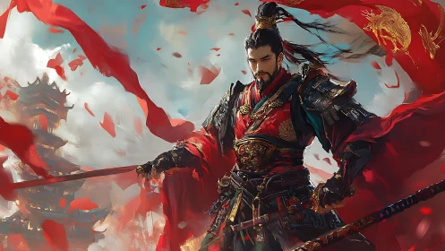 Majestic warrior in red armor commands the wind and banners