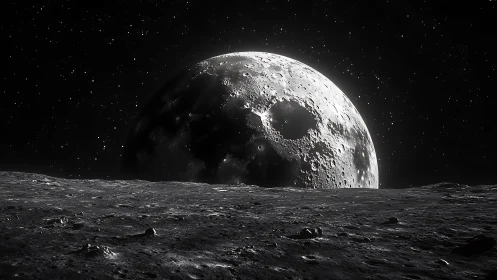 Haunted moonrise looms above a silent, star-clad horizon.