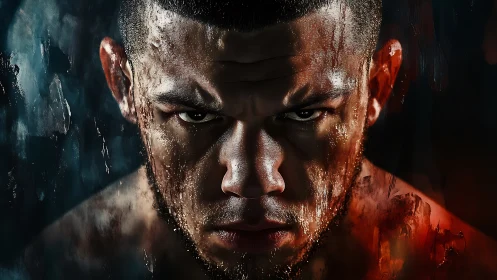 Male fighter portrait uses directional lighting and wet texture