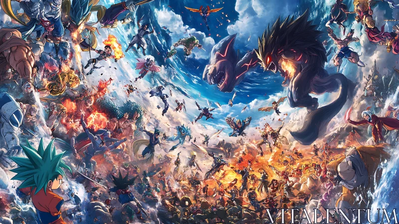 Epic anime sky battlefield with energy-charged warriors clashing.