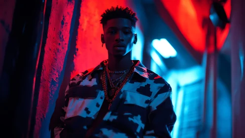 Moody neon portrait of a stylish young man at night.