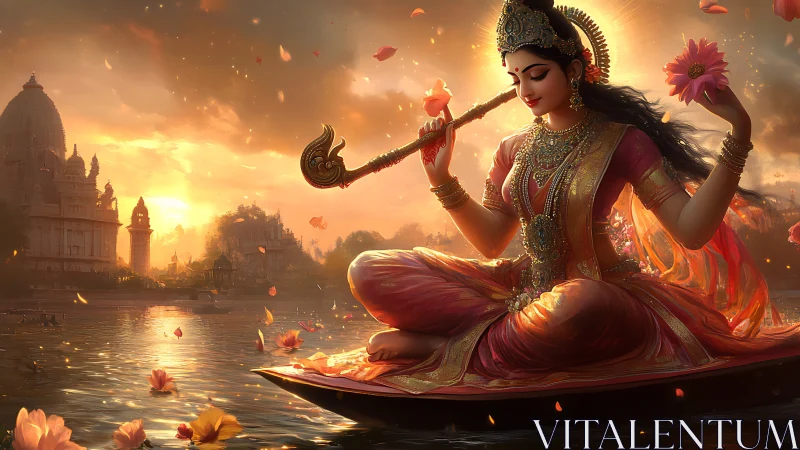 Sunlit river blossoms serenade a serene divine musician