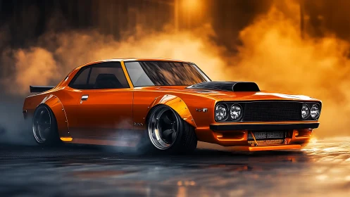 Midnight drift with a fiery orange muscle car hero.