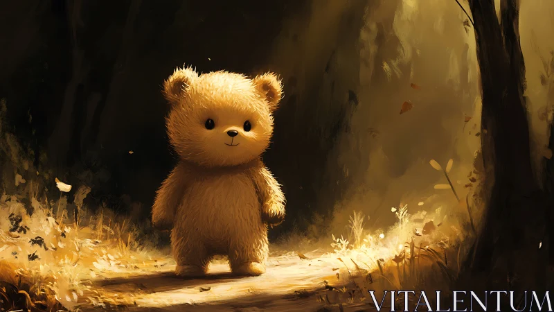 Small bear character stands on illuminated forest path