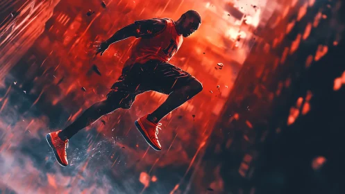 Dynamic athlete midair in red urban digital environment.