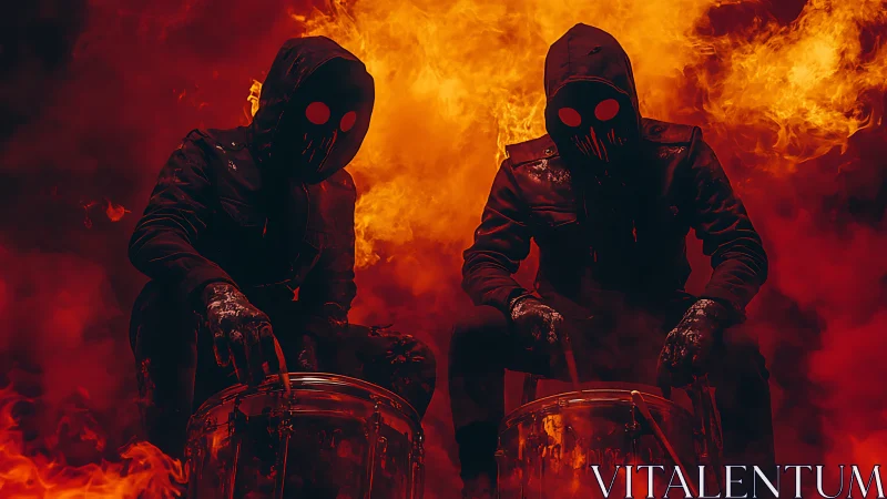 Hooded masked drummers positioned amid dense orange flames.