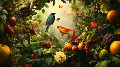 Colorful birds among ripe fruit in dense tropical foliage.